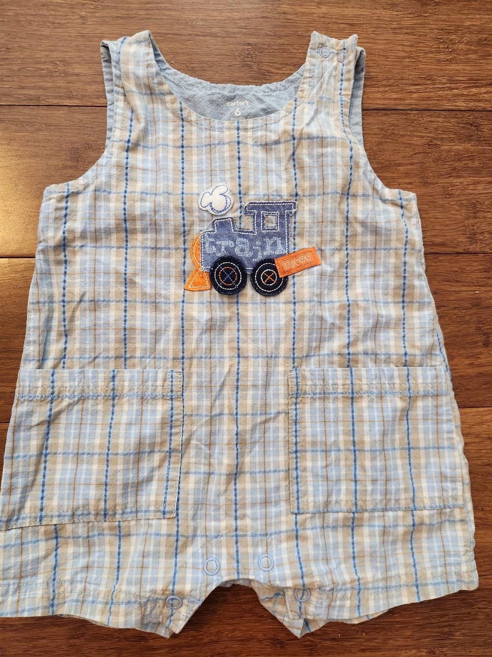 Carter's Baby Boy's Blue Plaid Train Shorts Overalls With Pockets, 6 Months